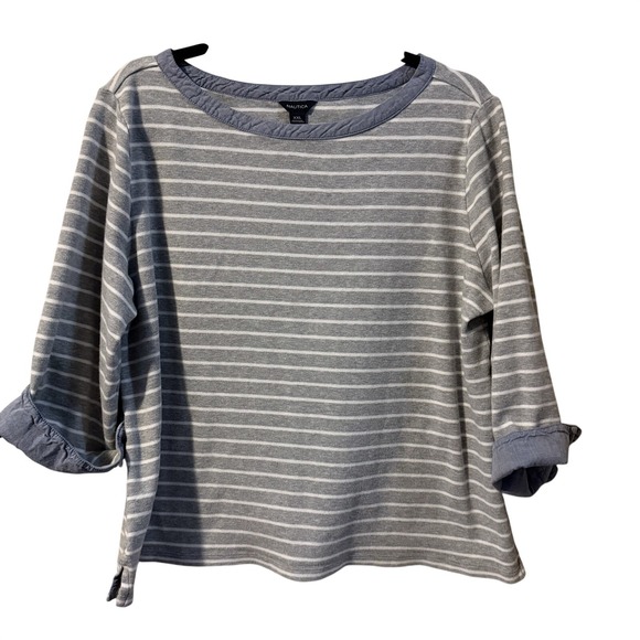 Nautica Tops - Nautica Womens XXL Grey White Striped 3/4 Sleeve Boat Neck Top Contrast Trim